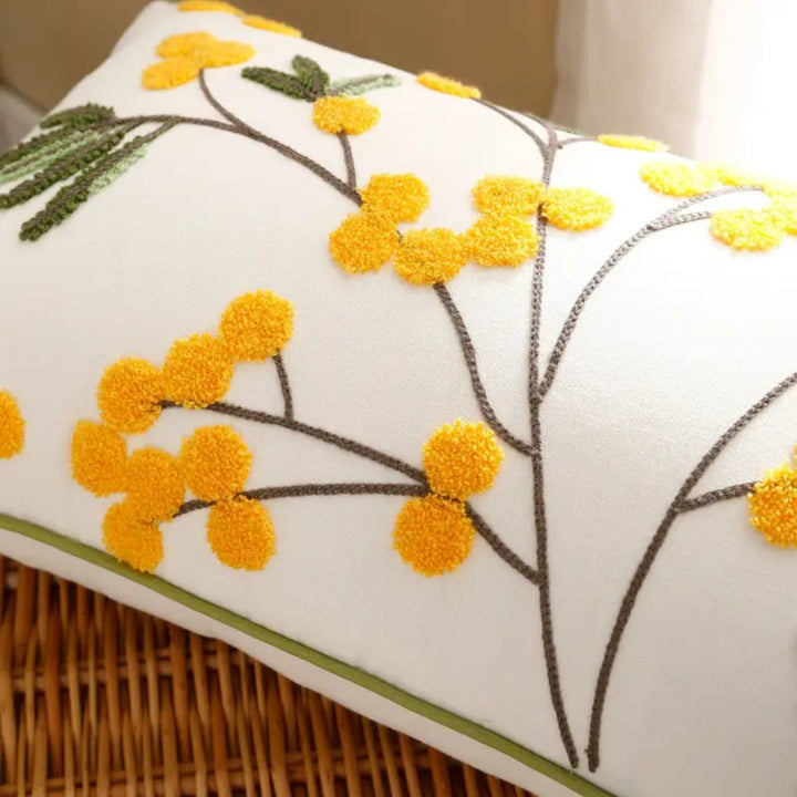 BowLift | Yellow Bloom & Leaf Embroidery Cushion Cover