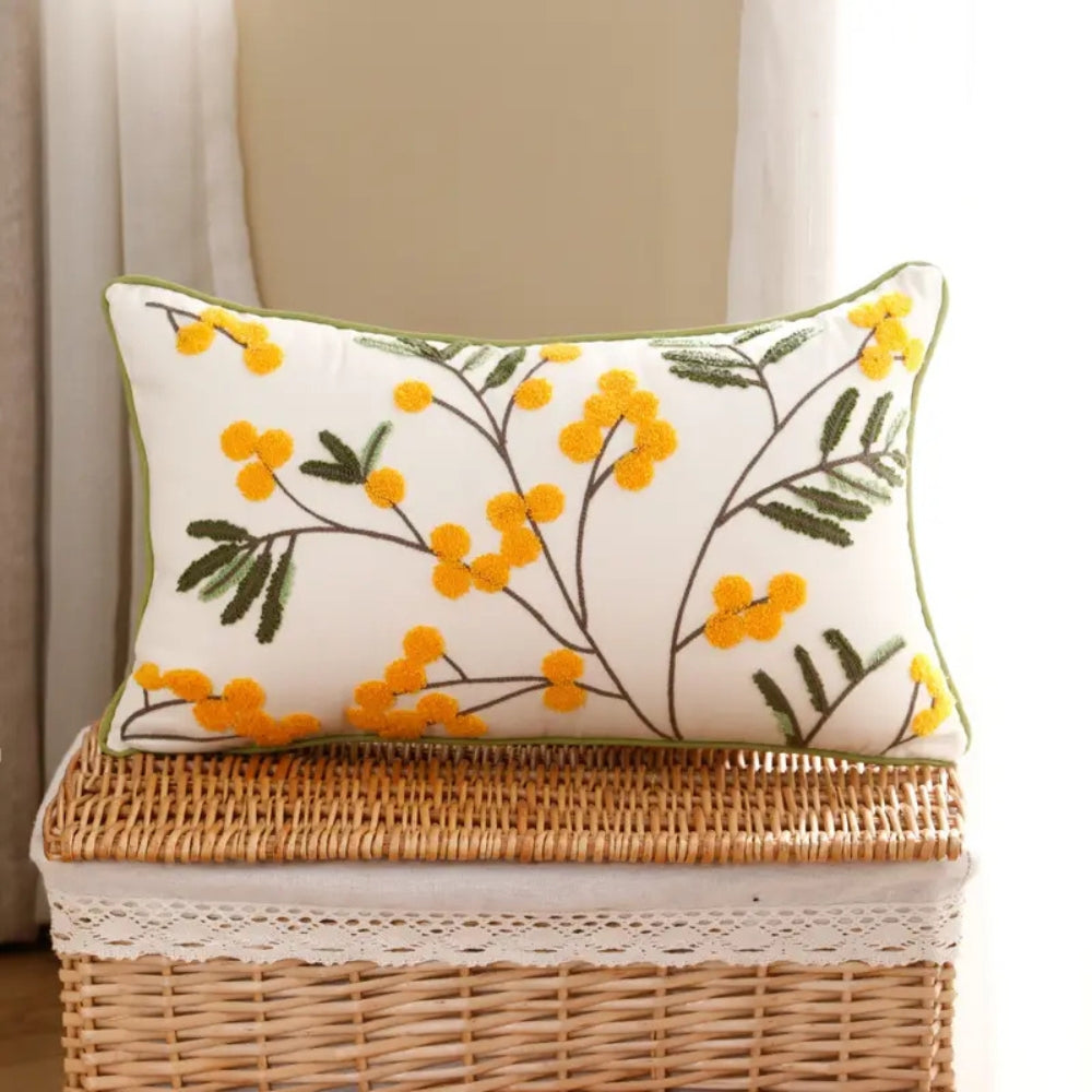 BowLift | Yellow Bloom & Leaf Embroidery Cushion Cover