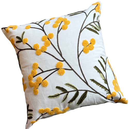 BowLift | Yellow Bloom & Leaf Embroidery Cushion Cover