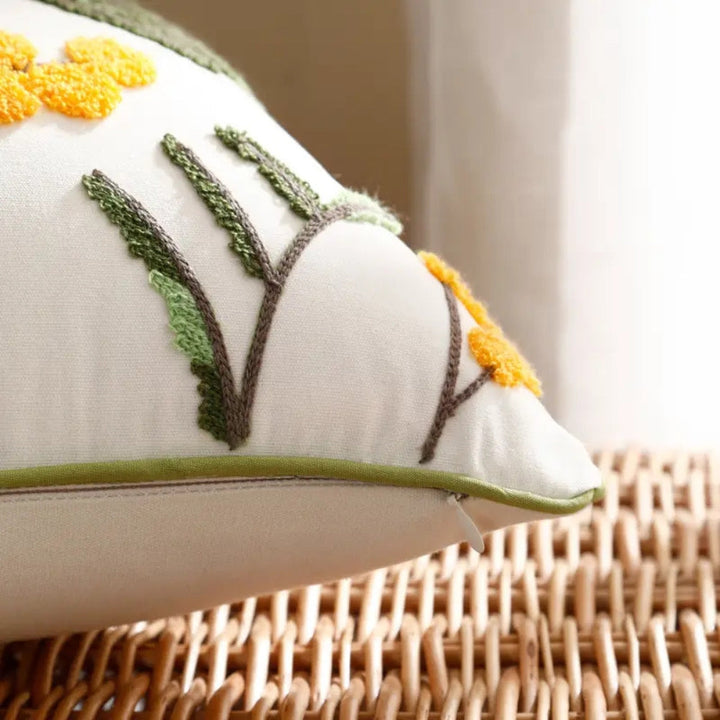 BowLift | Yellow Bloom & Leaf Embroidery Cushion Cover
