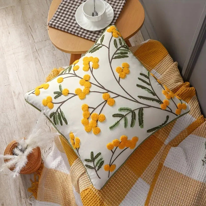 BowLift | Yellow Bloom & Leaf Embroidery Cushion Cover