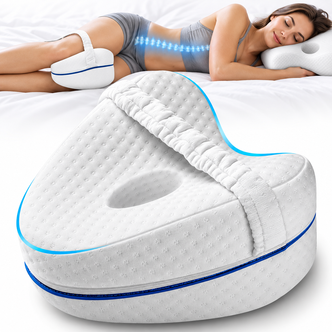 Contoured Memory Foam Knee Pillow with Adjustable Strap for Side Sleepers Bowlift