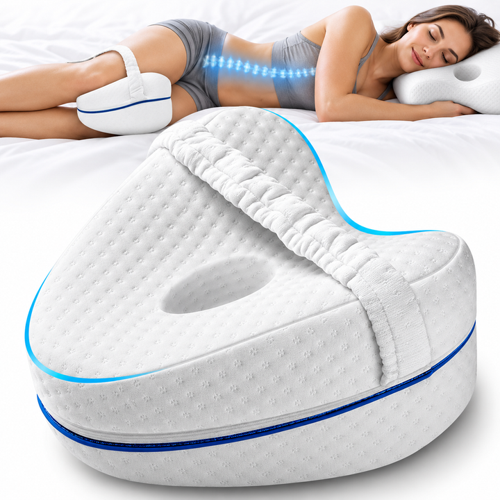 Contoured Memory Foam Knee Pillow with Adjustable Strap for Side Sleepers Bowlift