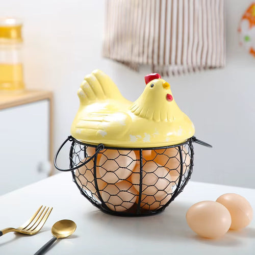 BowLift | Ceramic Egg Holder Chicken with Wire Basket