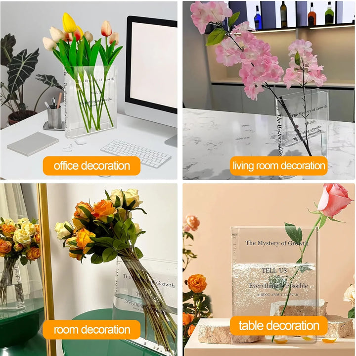 BowLift | Modern Clear Acrylic Book Vase – Transparent, Creative Flower Vase