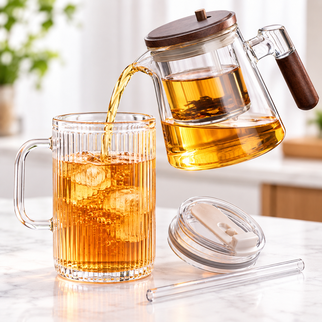 Borosilicate Glass Tea Infuser Pot with Wooden Handle and Press Lid Bowlift