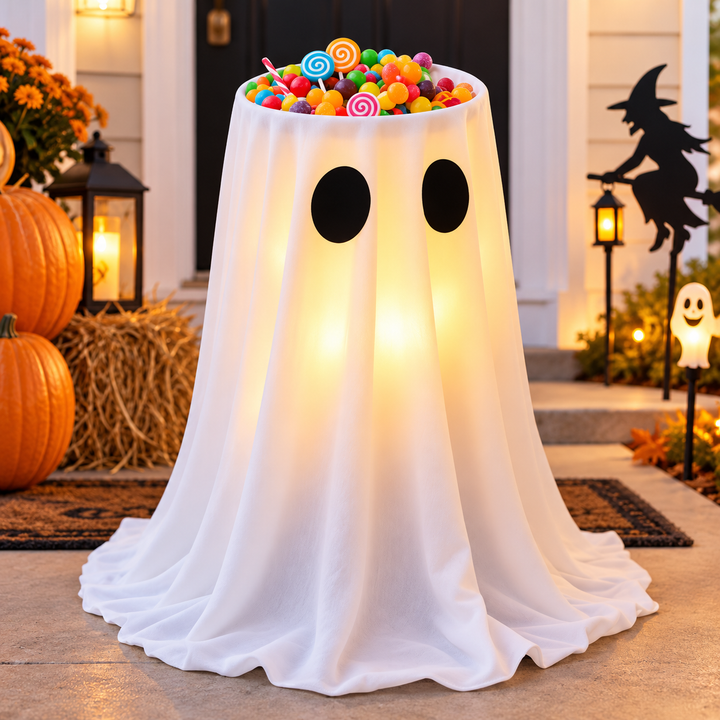 Illuminated Ghost Candy Bowl with Draped Fabric LED Lantern Bowlift
