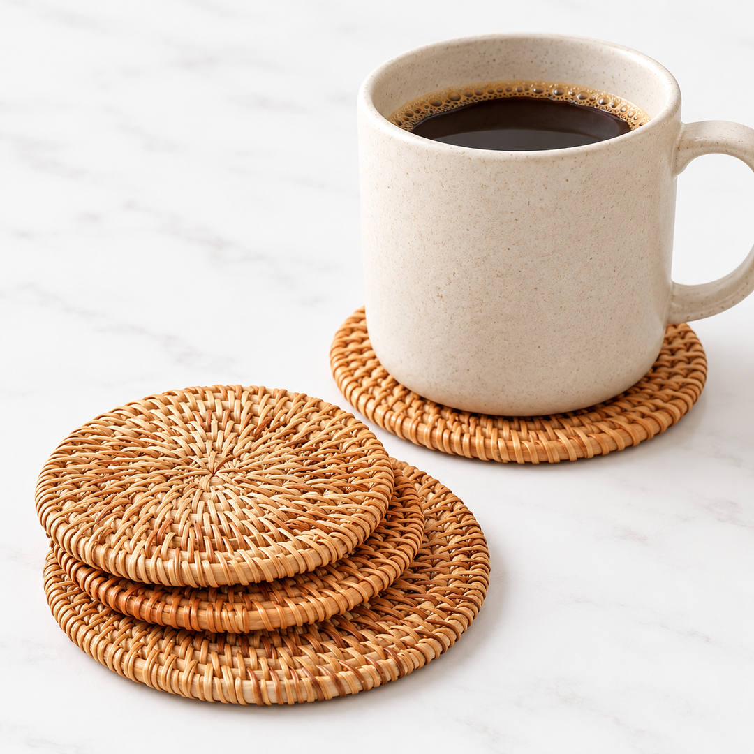 Woven Natural Rattan Round Trivet and Coaster Set Bowlift