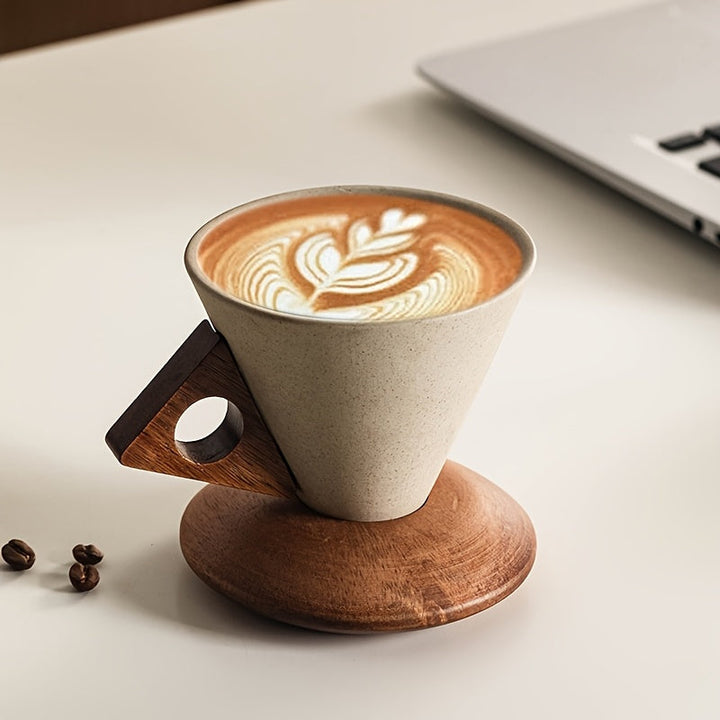 BowLift | BaristaLuxe Ceramic Coffee Cup 250ml – Handmade with Wooden Handle and Coaster