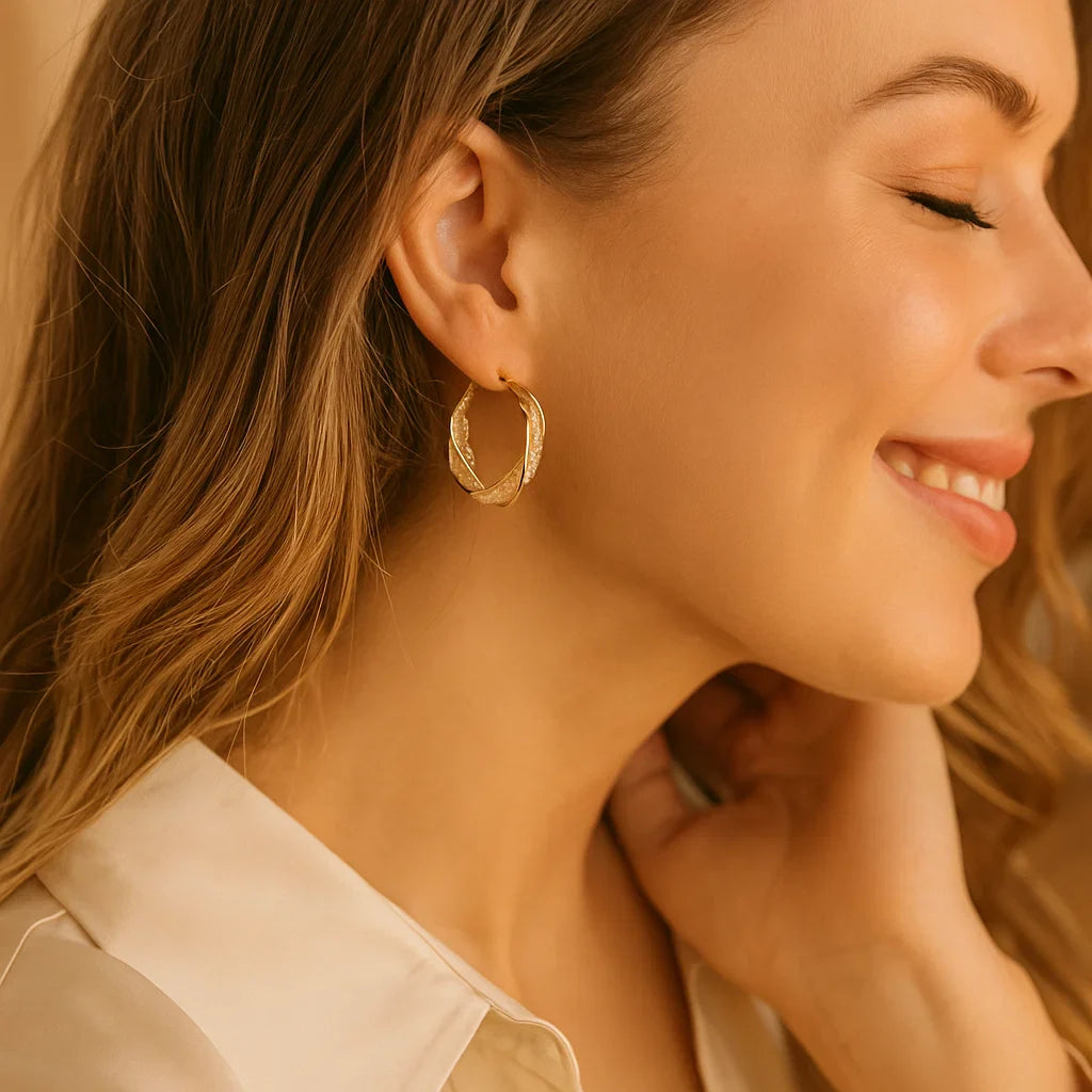 BowLift | Elegant Gold Colored Twisted Hoop Earrings with Mesh Pattern