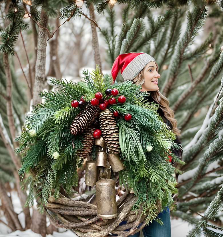 BowLift | Christmas Wreath | Boho Style | Rustic Vine Base with Pinecones & Golden Bells