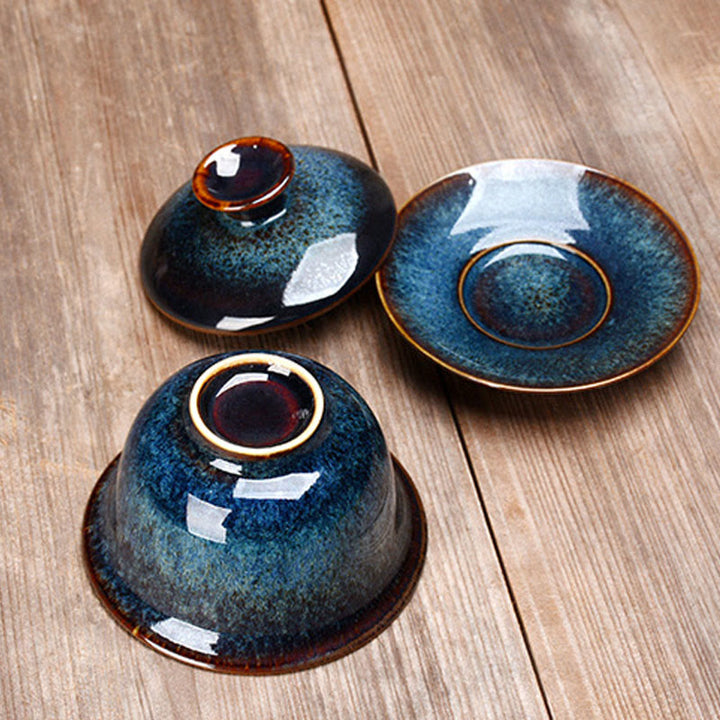 BowLift | Vintage Kiln Ceramic Gaiwan Sancai Tea Cup Tea Cup and Saucer with Lid
