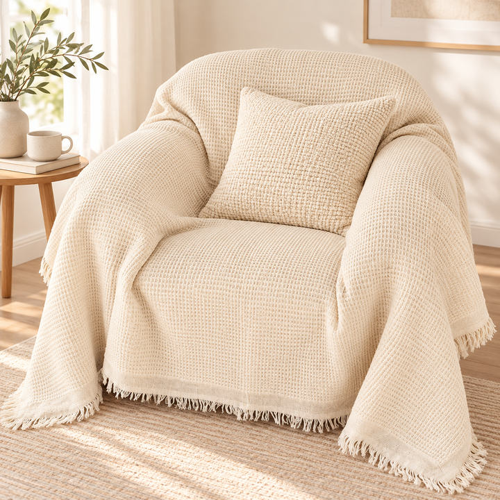 Waffle-Weave Fringed Throw Blanket Bowlift