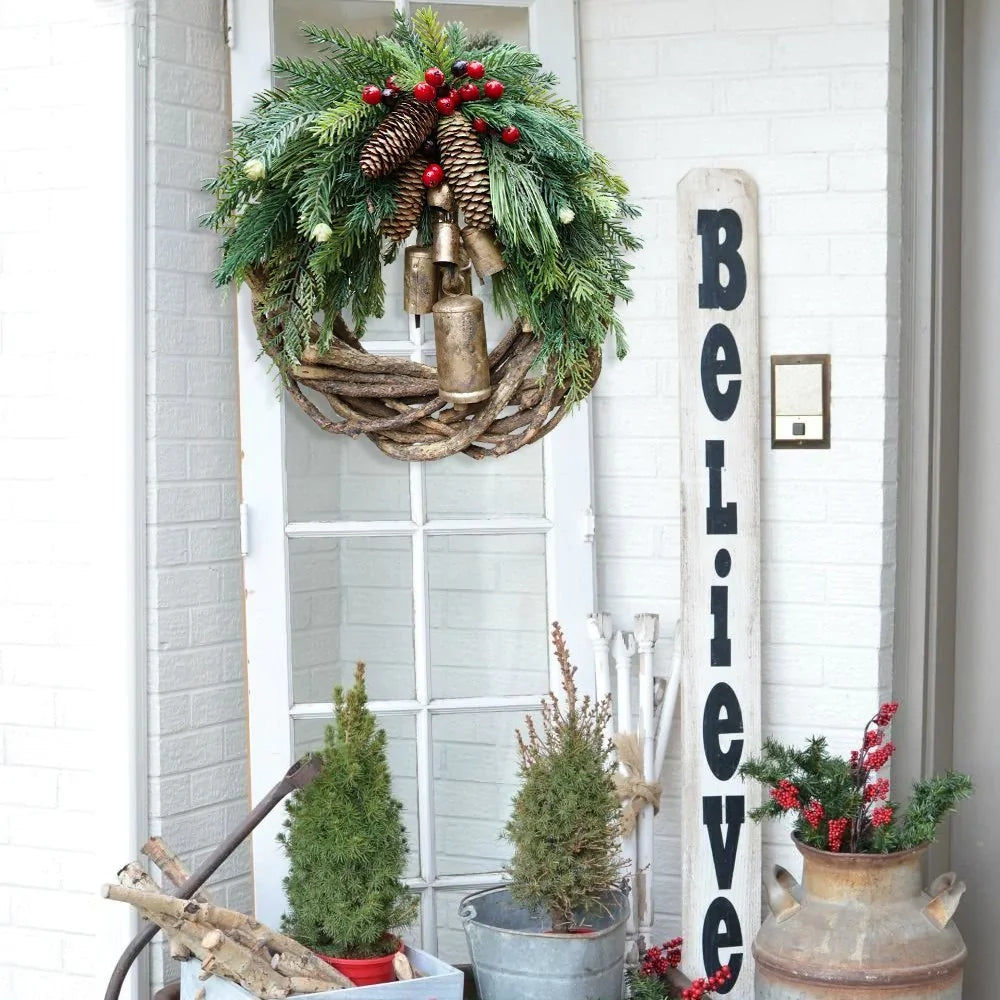 BowLift | Christmas Wreath | Boho Style | Rustic Vine Base with Pinecones & Golden Bells