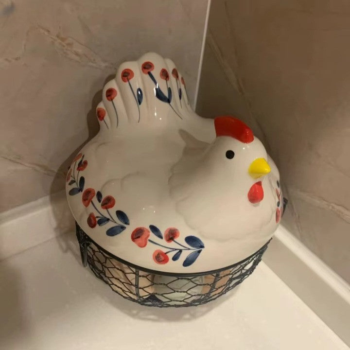 BowLift | Ceramic Egg Holder Chicken with Wire Basket
