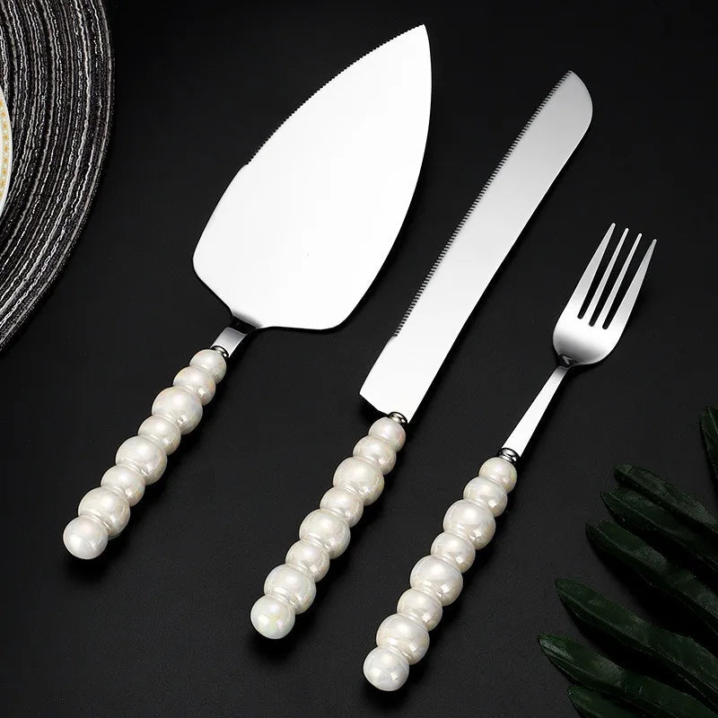 BowLift | Creative Pearl Ceramic Handle Cake Knife and Spatula Set Stainless Steel