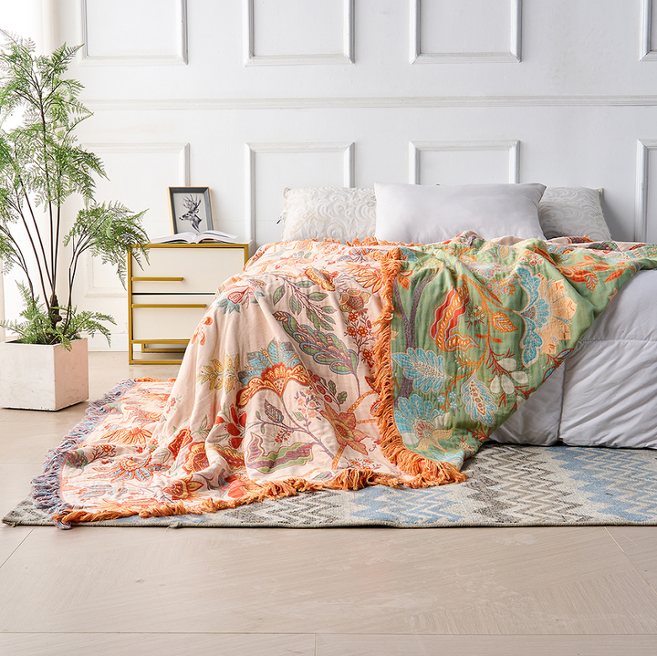 BowLift | Boho Floral Cotton Throw Blanket with Fringe – Cream & Orange