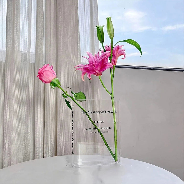 BowLift | Modern Clear Acrylic Book Vase – Transparent, Creative Flower Vase