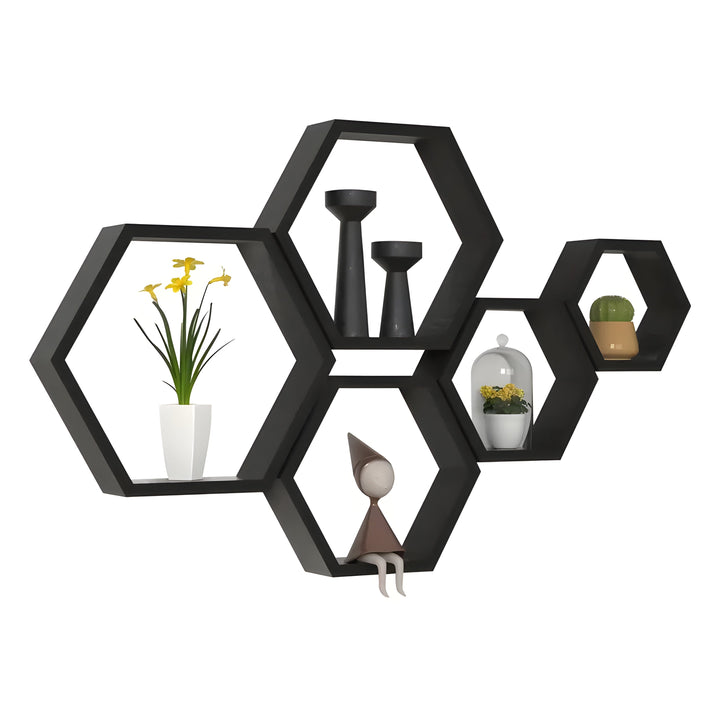 BowLift | Wall shelf set HexaWood | 5-piece | Hexagon design | Rustic wood look