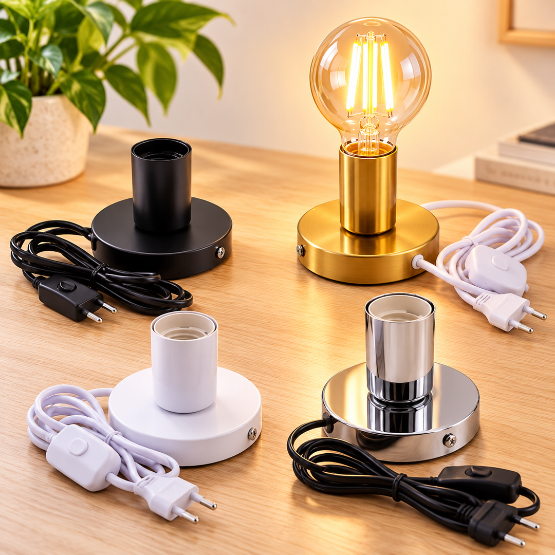 Metal Plug-In Lamp Holder with Inline Switch and EU Plug Bowlift
