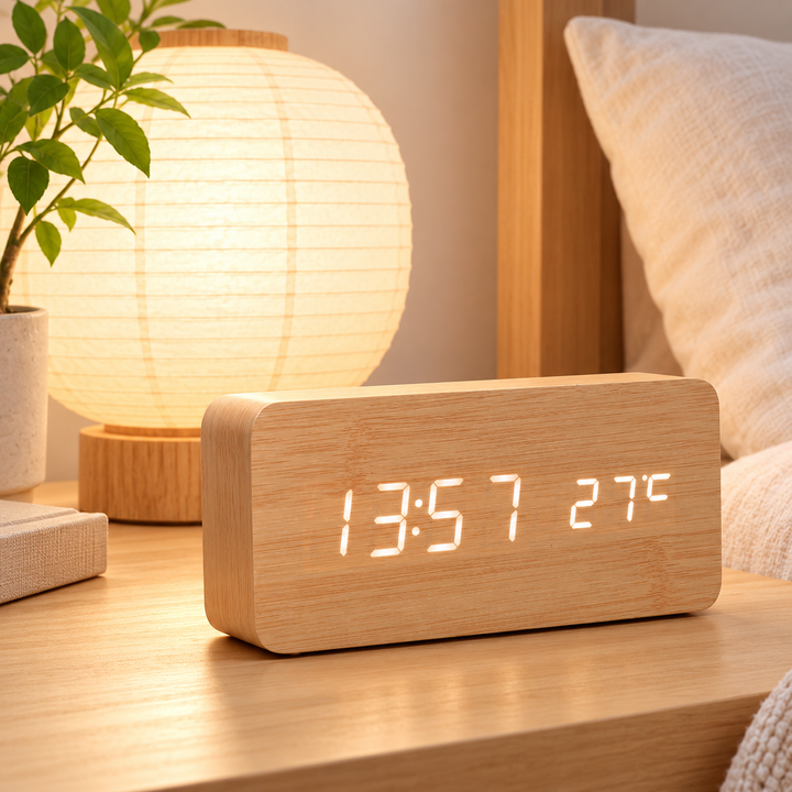 Wooden LED Digital Alarm Clock with Thermometer and Voice Activation Bowlift