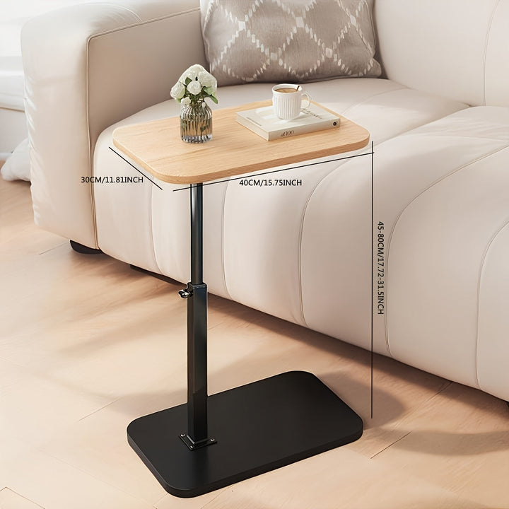 Adjustable Side Table with Natural Wood-Finish Top and Metal Frame for Sofa or Bed