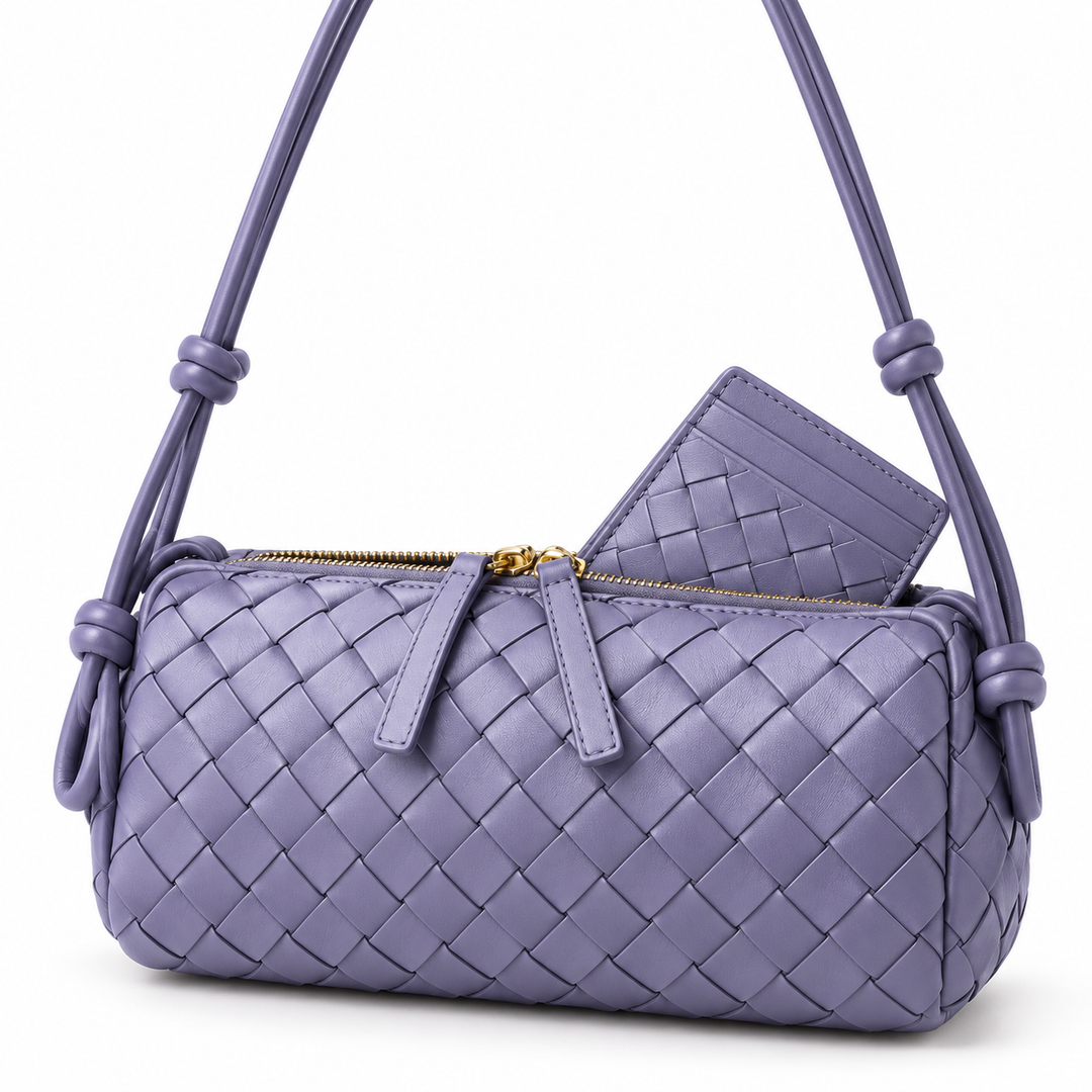 Woven Leather Crossbody Zip Pouch Bag with Adjustable Knotted Strap Bowlift