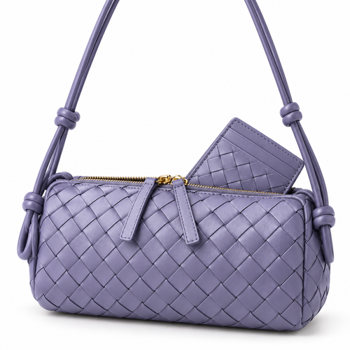 Woven Leather Crossbody Zip Pouch Bag with Adjustable Knotted Strap Bowlift