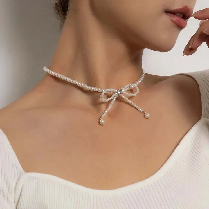BowLift | Dainty Beaded Pearl Bow Choker Necklace