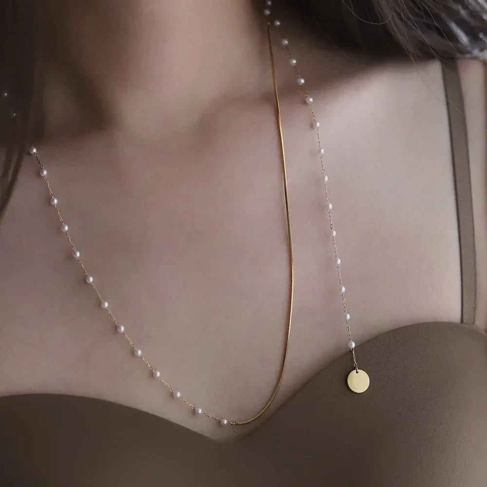BowLift | Dainty Layered Pearl Accented Herringbone Necklace