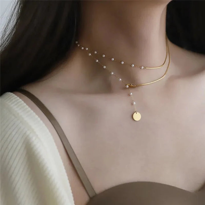 BowLift | Dainty Layered Pearl Accented Herringbone Necklace
