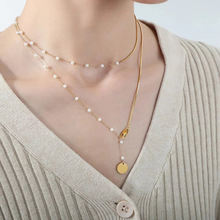 BowLift | Dainty Layered Pearl Accented Herringbone Necklace