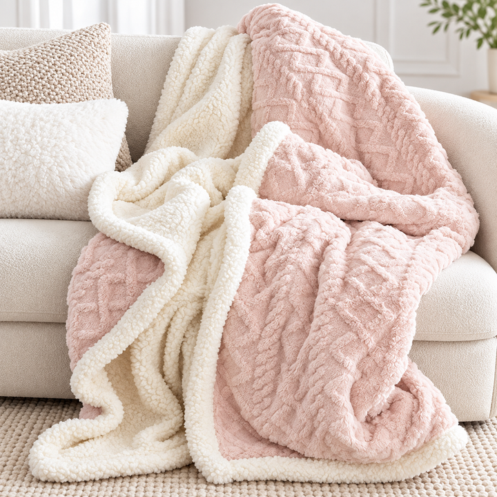 Oversized Plush Sherpa Throw Blanket with Cable-Knit Texture Bowlift