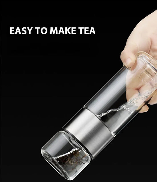 BowLift | Thermos Bottle with Tea Filter – Glass & Wood – Double-Walled – 500 ml – ClearTherm
