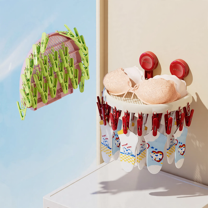 Clothes drying rack with suction cup and 24 clips