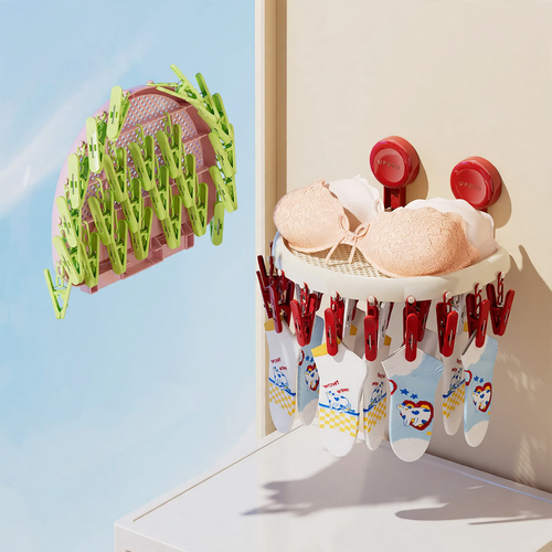 Clothes drying rack with suction cup and 24 clips