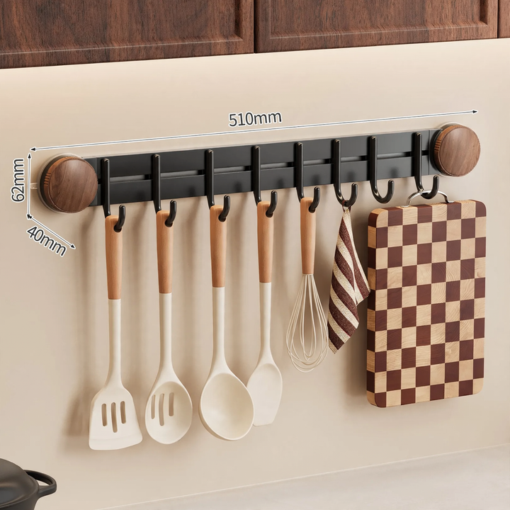 Suction cup kitchen rail with hooks, drill hole free