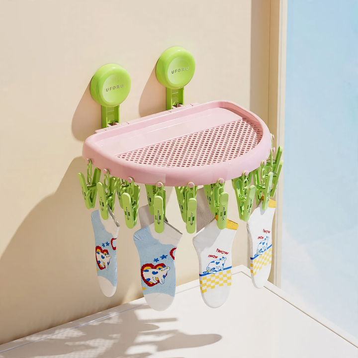 Foldable drying rack with suction cup, 24 clips