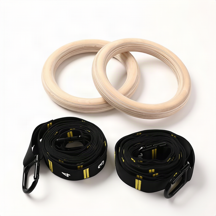 Wooden gymnastics rings with strap