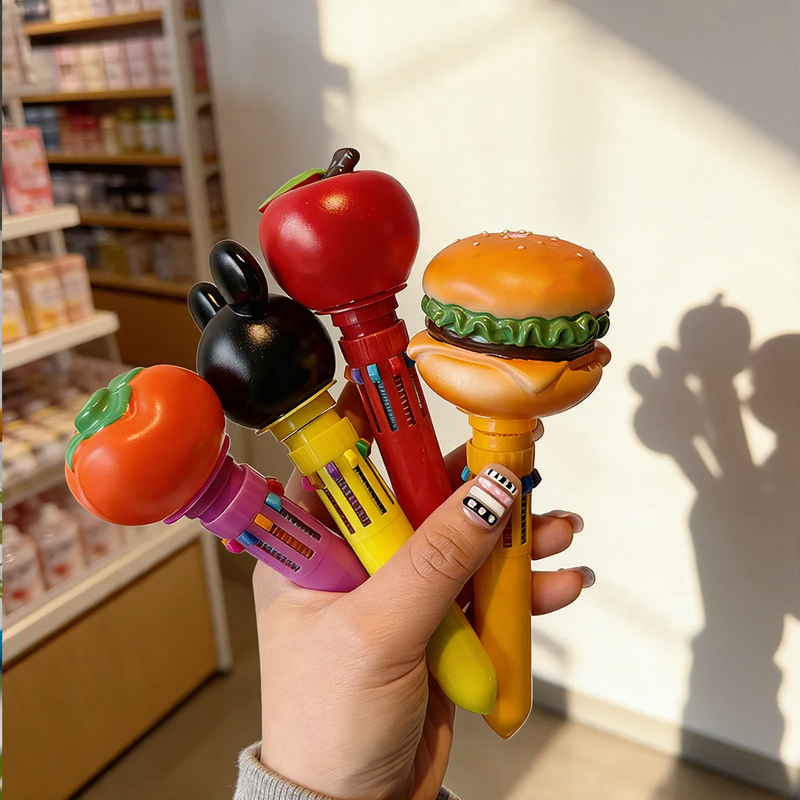 Multicolored ballpoint pen with food motifs