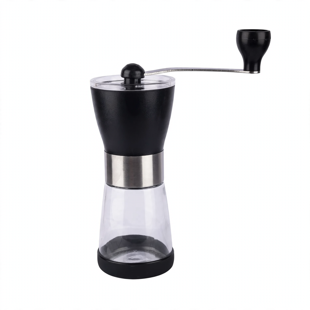 Hand-crank coffee grinder made of glass