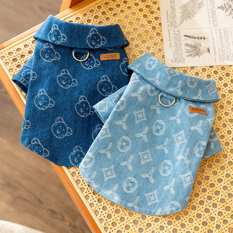 Denim-Dog jacket with leash ring for two front paws