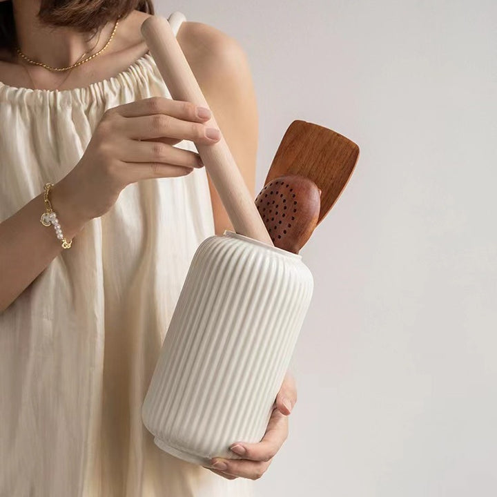Ceramic flower vase with grooves, modern, white