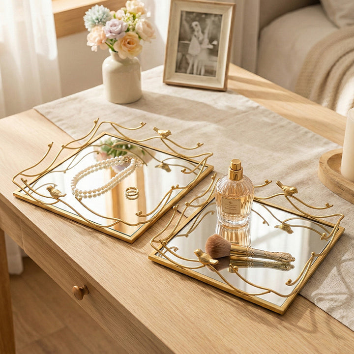 Mirror tray with bird motif, iron, square or round