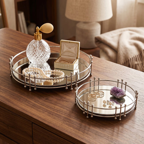 Metal mirror tray, silver, geometric