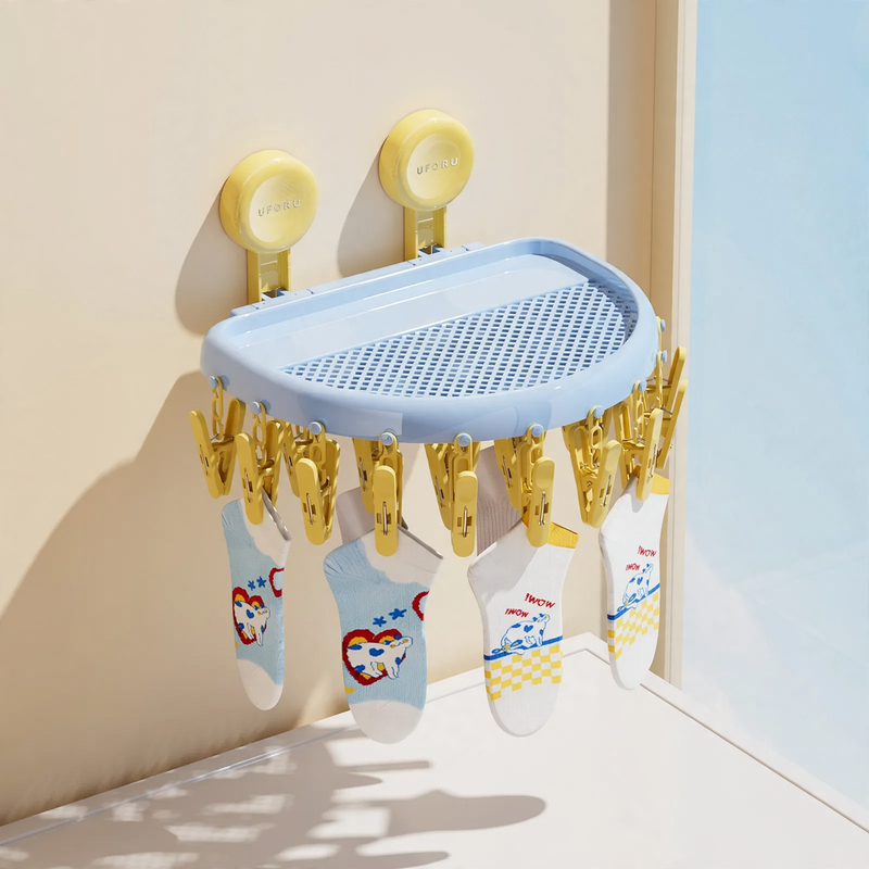 Foldable drying rack with suction cup, 24 clips