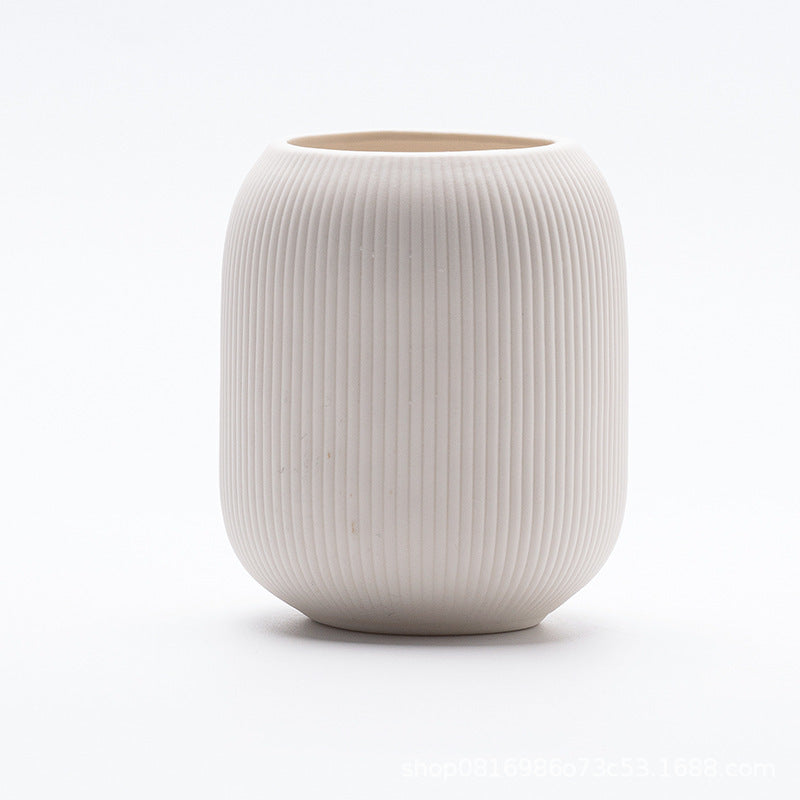Ceramic flower vase with grooves, modern, white