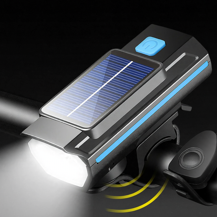 Bicycle light, solar charging, with horn and bell