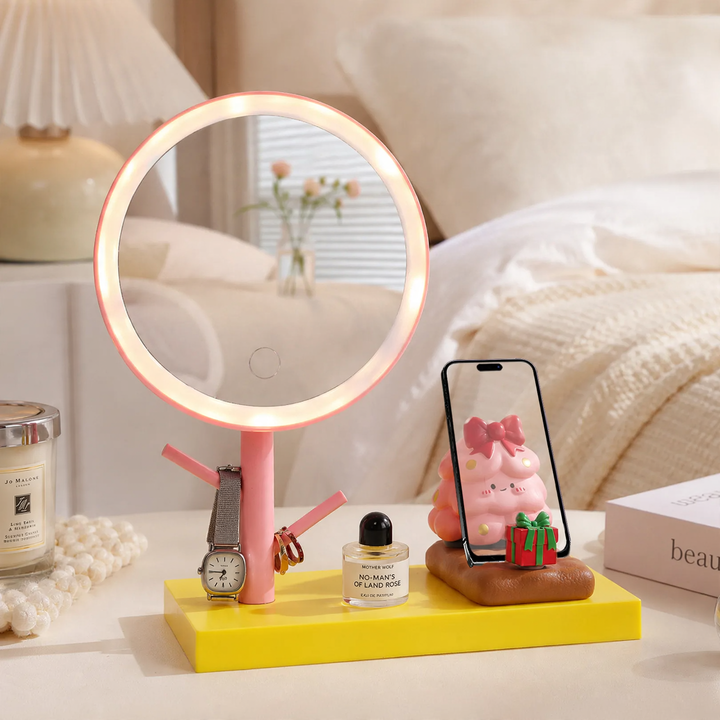 LED makeup mirror with smartphone holder