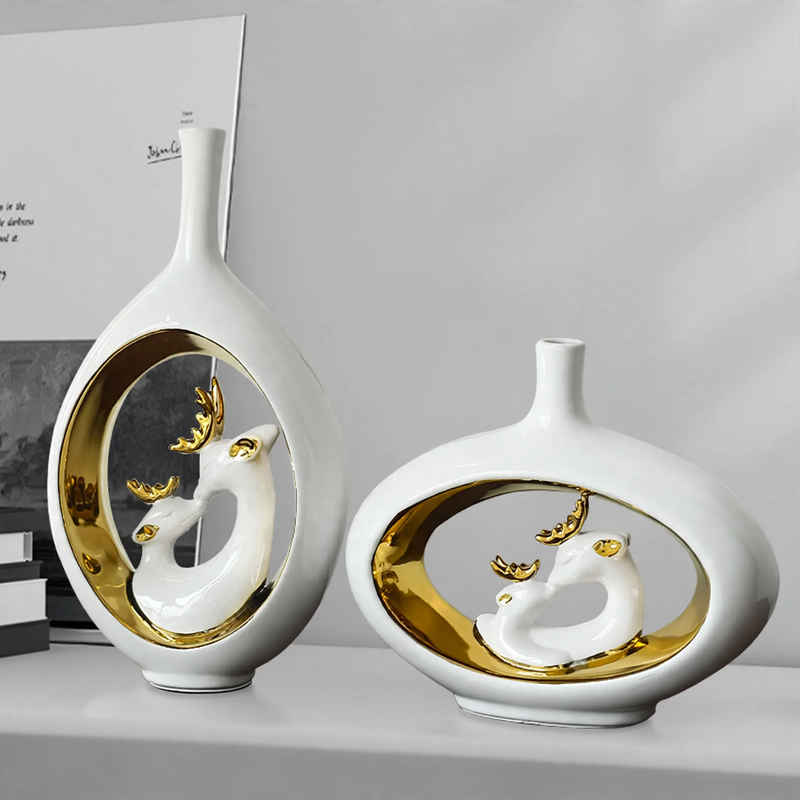 Ceramic flower vase with deer motif